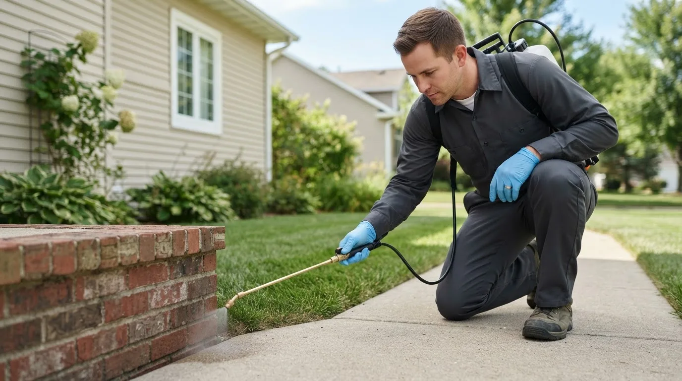 Pest control technician treating a home near Smithboro, IL